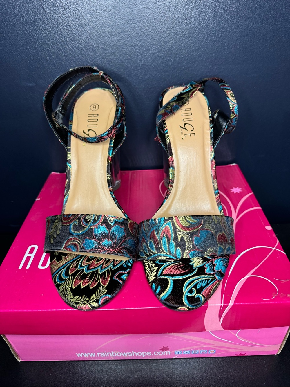 Rouge Women’s Block Heel Sandals Size 9 Floral Brocade Clear Heels